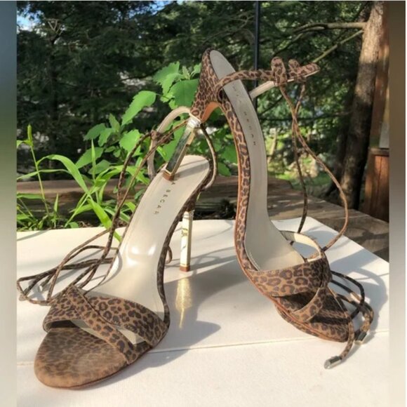 Mia Becar Animal Print Suede High Heel Lace Up Sandals size 39 US 9 - Picture 4 of 13